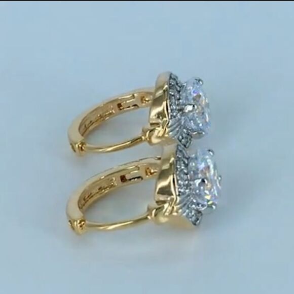 14K Yellow Gold with White Diamond Cubic Zirconia Halo Huggie Hoop Drop Earrings - Picture 9 of 13